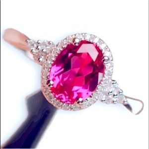 New S925 Sterling Silver Platinum Plated Ruby & White Topaz Ring